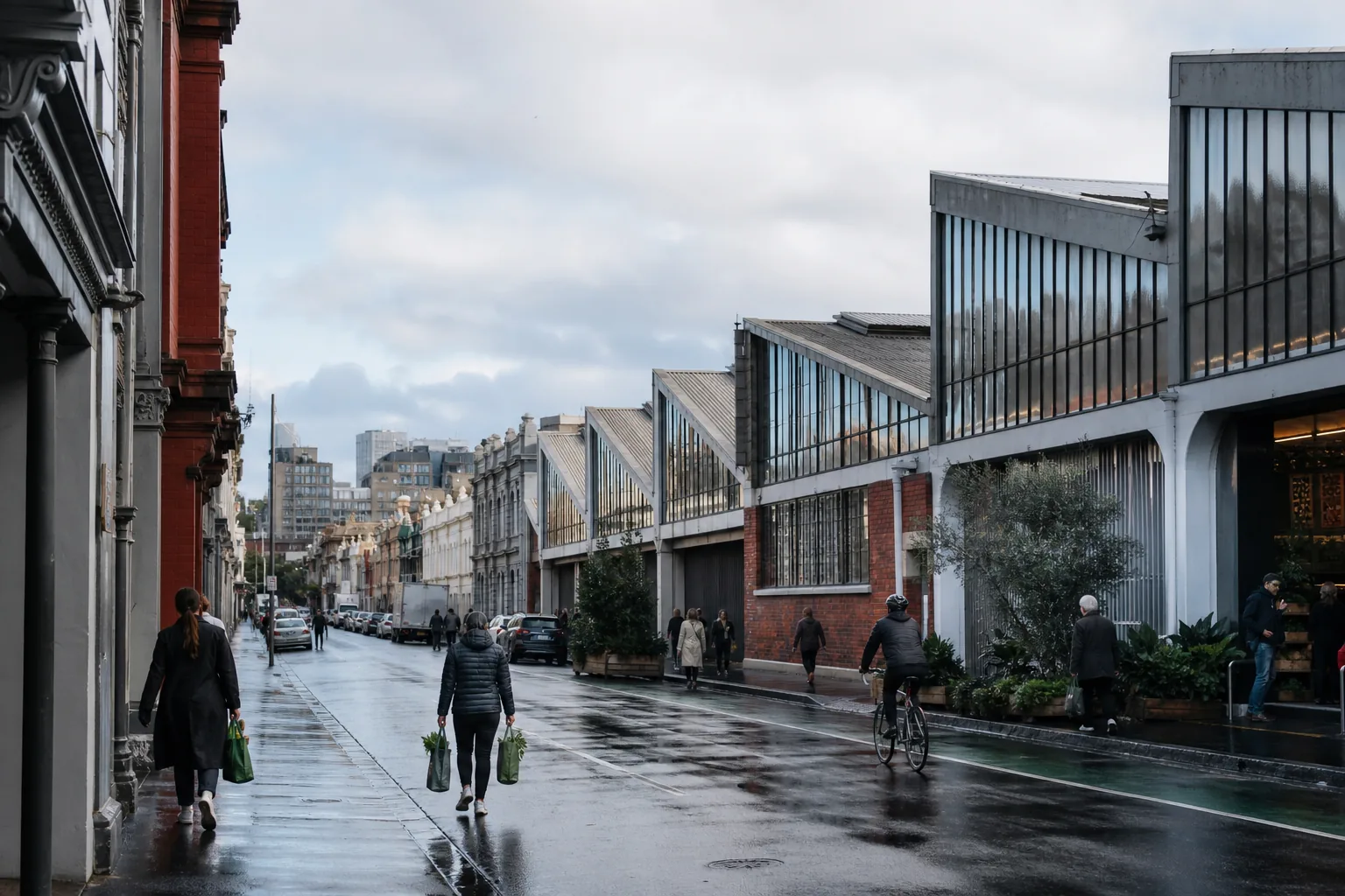 A rain-washed South Melbourne street beside market-style sawtooth roofs